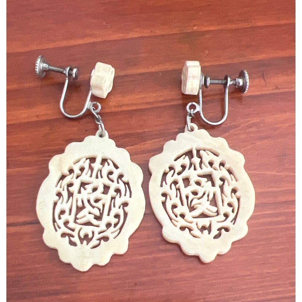 Vintage Carved Screw Back Clip On Earrings Filagree Flower 2.25" Estate 5.79g